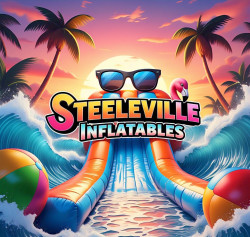 cartoonish logo that says steeleville inflatables with202 1772 1 Tropical Drop 20 feet tall waterslide with pool can be wet or dry